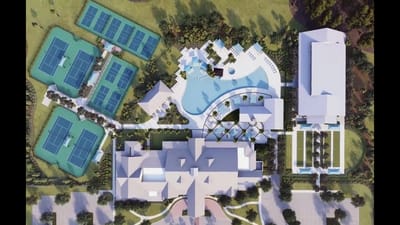 Aerial view of a senior living campus with outdoor amenities