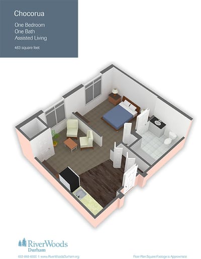 Floor plan of a one-bedroom assisted living apartment