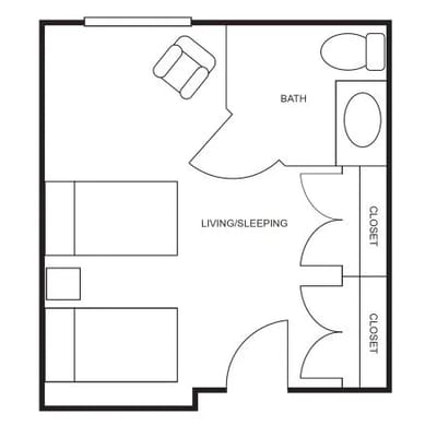 Architectural floor plan of a resident room layout