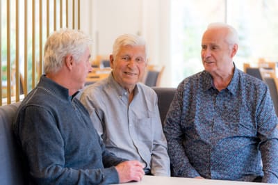 Three senior men chatting in a communal area