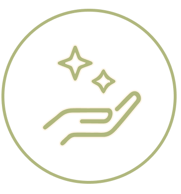 Graphic icon of a hand with sparkling stars