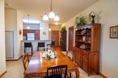 Interior view of a dining area with wooden furniture