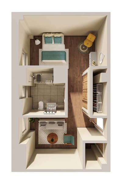 Architectural floor plan of a resident room layout