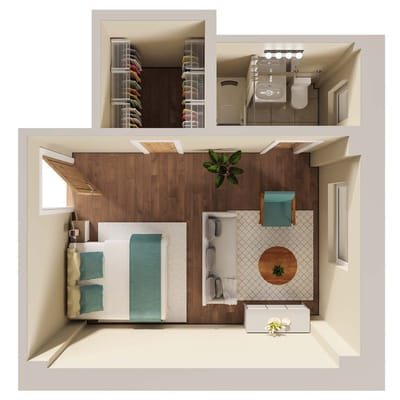 Top view of a private resident room layout