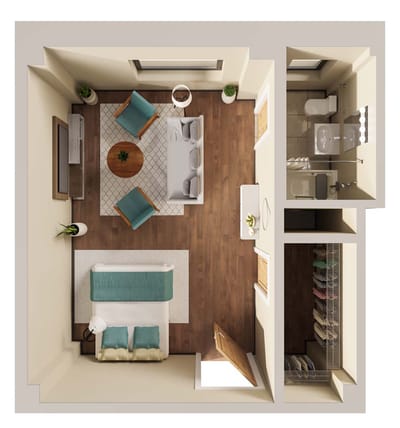 Aerial view of a furnished private room layout