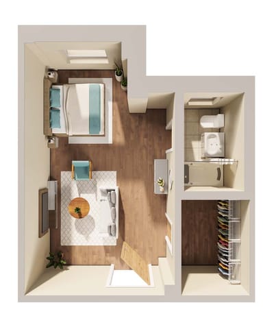 Top-down view of a private resident room layout