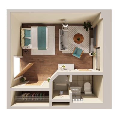 Top-down view of a well-designed resident room