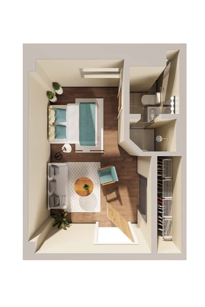 Aerial view of a private resident room layout
