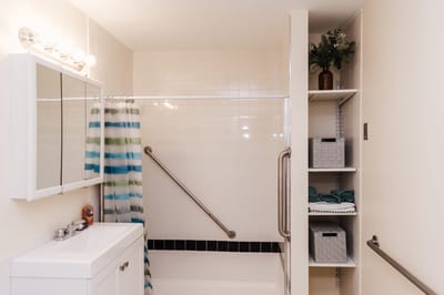 Bathroom interior with grab bars and towels