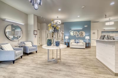 Bright interior lobby with seating and decor