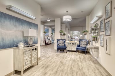 Bright interior common area with seating and decor