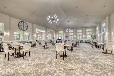 Dining area with elegant seating and decor