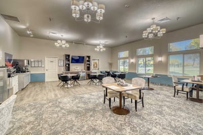 Interior view of a modern common area with seating
