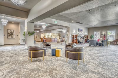 Bright common area with seating and decor