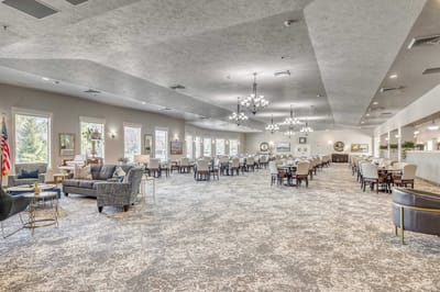 Interior view of a spacious dining area with seating