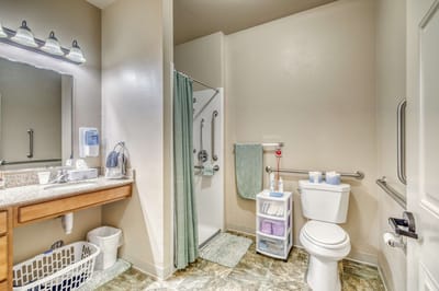 Well-equipped bathroom in a resident's room