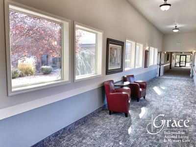 Interior hallway with seating and large windows