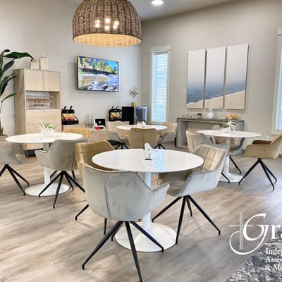 Bright dining area with modern tables and chairs