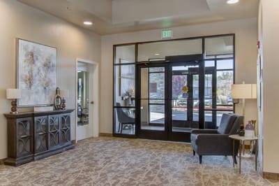 Interior view of a lobby area with seating and decor