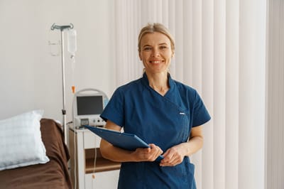 A smiling nurse standing in a patient room