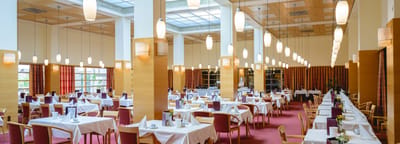 Bright and spacious dining area with tables and chairs