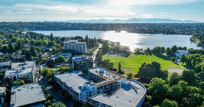 Aerial view of The Hearthstone at Green Lake overlooking the lake