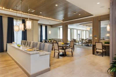 Stylish dining area with seating and food display