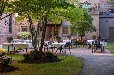 Outdoor patio with seating and plants