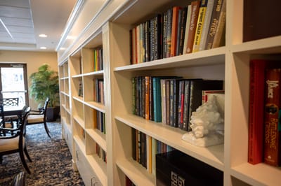 Interior view of a library with shelves of books