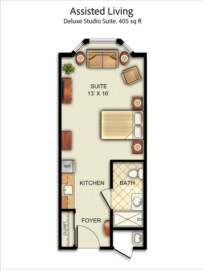 Floor plan of a deluxe studio suite for assisted living