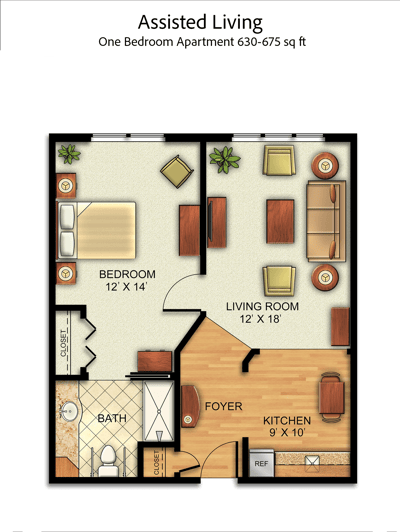 Architectural floor plan for a one-bedroom apartment