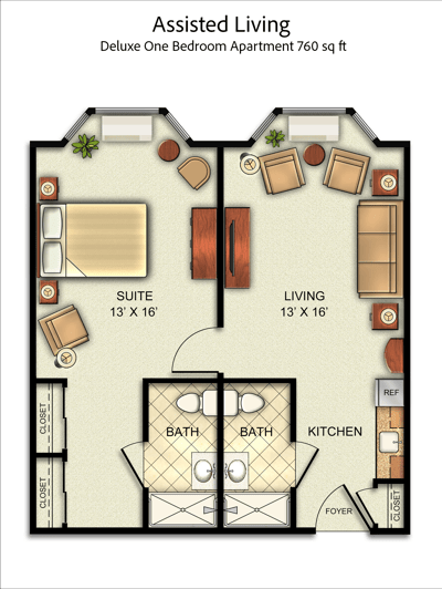 Architectural floor plan of a one-bedroom apartment