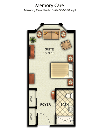 Floor plan of a memory care studio suite