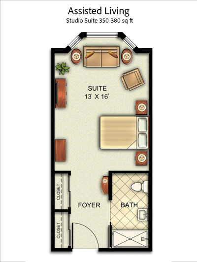 Architectural floor plan of an assisted living studio suite