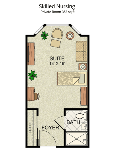 Architectural floor plan of a skilled nursing suite