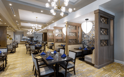 Elegant dining room with modern decor and seating