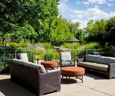 Outdoor seating area surrounded by lush greenery