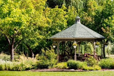 A gazebo surrounded by lush greenery in a garden