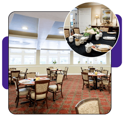 Bright dining room with tables set for a meal