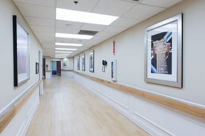A bright hallway in a senior living facility