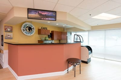 Bright dining area with cafe counter