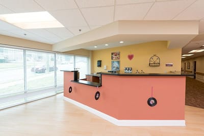 Bright interior common area with orange walls