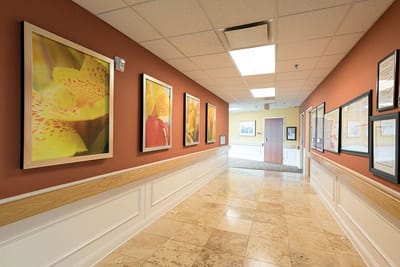 Interior hallway with decorative art on the walls