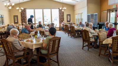 Residents enjoying meals in a dining room