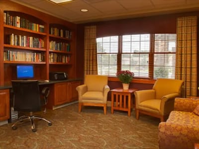 Interior view of a cozy common area with seating