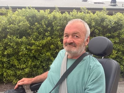 Older man in a wheelchair in front of green hedges