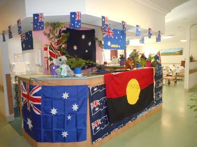Decorated common area with Australian flags and decor
