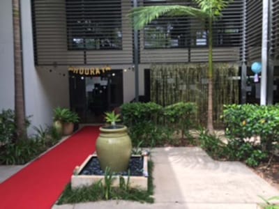 Entrance pathway with decorative plants and a red carpet