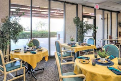 Colorful dining area with yellow table settings.