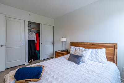 Cozy bedroom with a neatly made bed and closet